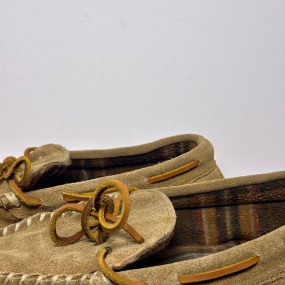 Jos A Bank Suede Moccasin Fur Plaid Lining Slipper Brown Tan Pajama Shoes Men 12 - Picture 4 of 13